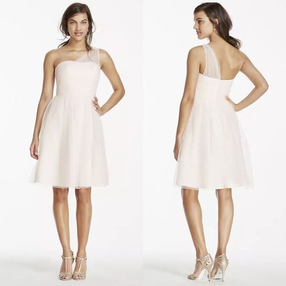 🍑David's Bridal Pink Petal Tulle One Shoulder Dress Size 2 - Picture 1 of 14